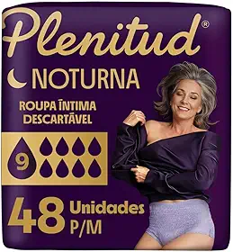Plenitud® Noturna Roupa Íntima Descartável, Proteção por até 12h, Máxima Absorção, Tamanho P/M, Pacote com 2x24-48 Unidades