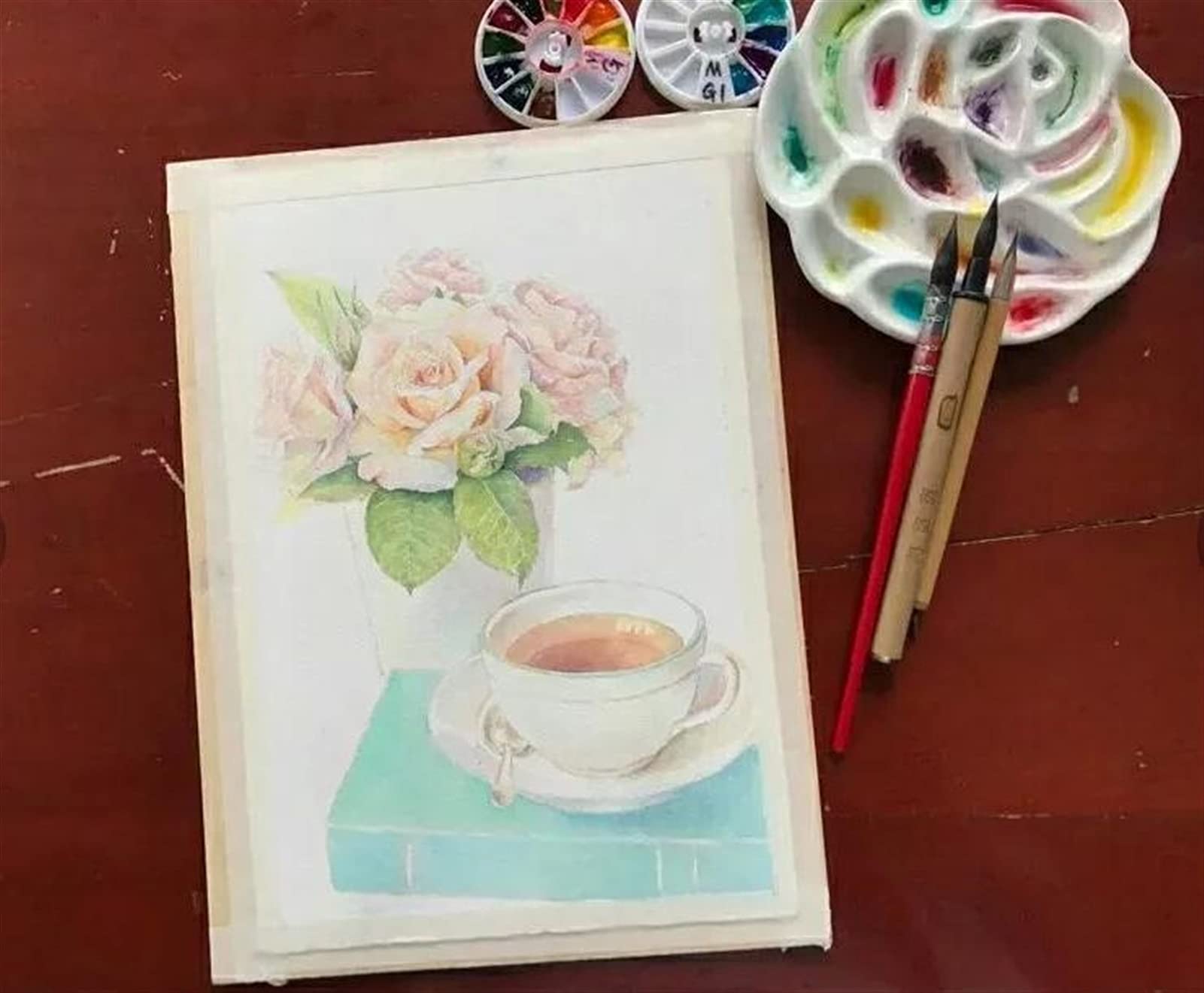 Paleta de pintura de cerámica tipo rosa, paleta de acuarela de porcelana, para bandeja de mezcla de cerámica gouache