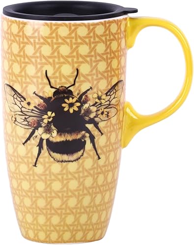 DUSVALLY Taza de cerámica grande Taza de café alta Tazas de viaje de porcelana Taza de café con tapa de 17 onzas, Abeja