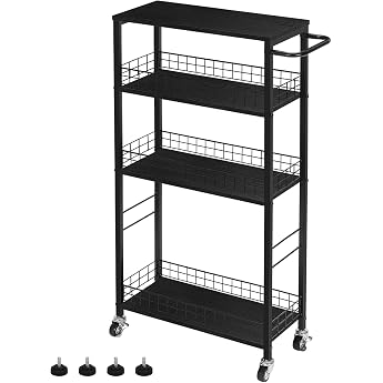 CADUKE 4 Tier Slim Storage Trolley Narrow Kitchen Trolley on Wheels Utility Rolling Cart with Wooden Table Mobile Shelf Unit Bathroom Storage Organiser Rolling Tower Black