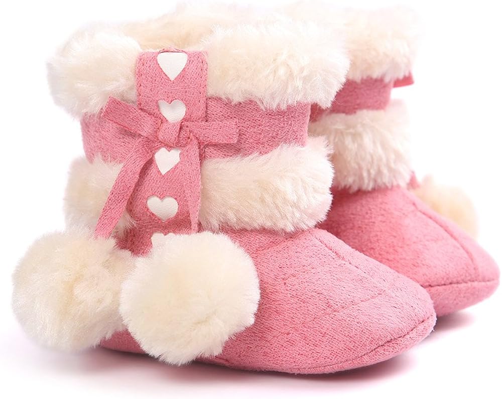 ESTAMICO Baby Girl Plush Winter Snow Bowknot Boots 3-6 Months Infant Darkpink