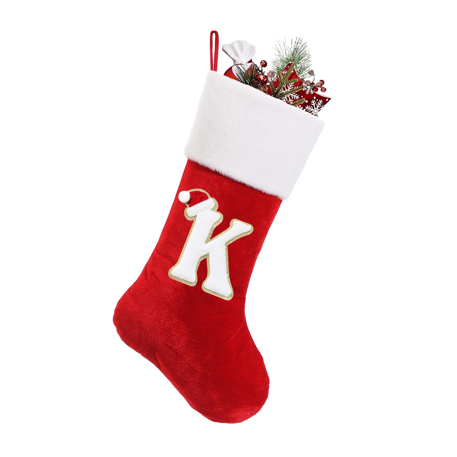 papasgix Christmas Stockings Personalised Letters 20 Inch Initial Red Velvet Classic Christmas Stocking Fireplace Hanging Ornament Christmas Holiday Party Décor (K)