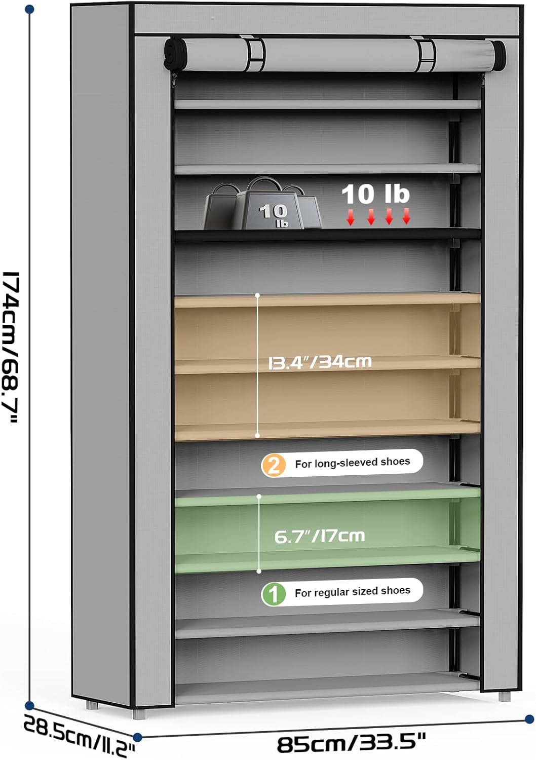 Mavivegue Shoe Rack with Cover, 10+1 Tier Tall Shoe Storage for 50-55 Pairs of Shoes, Shoe Organizer for Entryway, Closet, Garage, Grey
