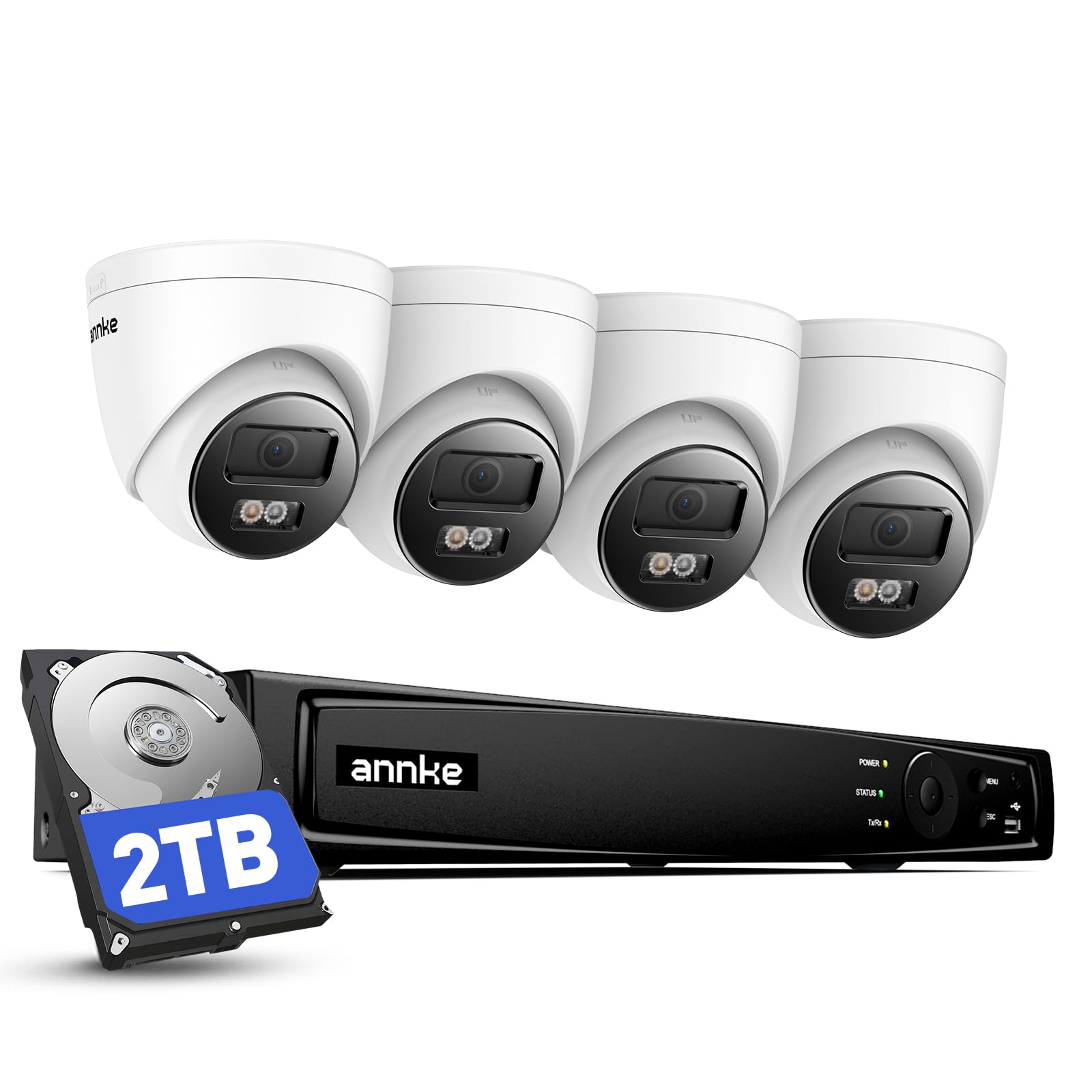 ANNKE 12MP PoE Überwachungskamera Set Aussen, 8CH H.265+ 12MP NVR mit 2TB Festplatte für 24/7 Videoüberwachung und 4X 12MP Dome IP Kamera, KI Personen und Fahrzeugerkennung, Spotlights, IP67