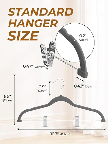 Miniatura 8 de HOUSE DAY Perchas de terciopelo para falda de 24 paquetes de perchas de terciopelo con clips, ultra finas, antideslizantes, perchas de terciopelo