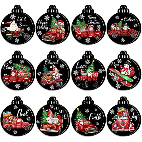BORAMDO Weihnachtliche rote LKW-Holz-Hängeornamente, 24 Stück, Finishing, runde Holz-Geschenkanhänger, 8,9 cm, Weihnachtswünsche, Holzscheiben-Dekoration für Baumdekorationen, Heimdekoration Cover