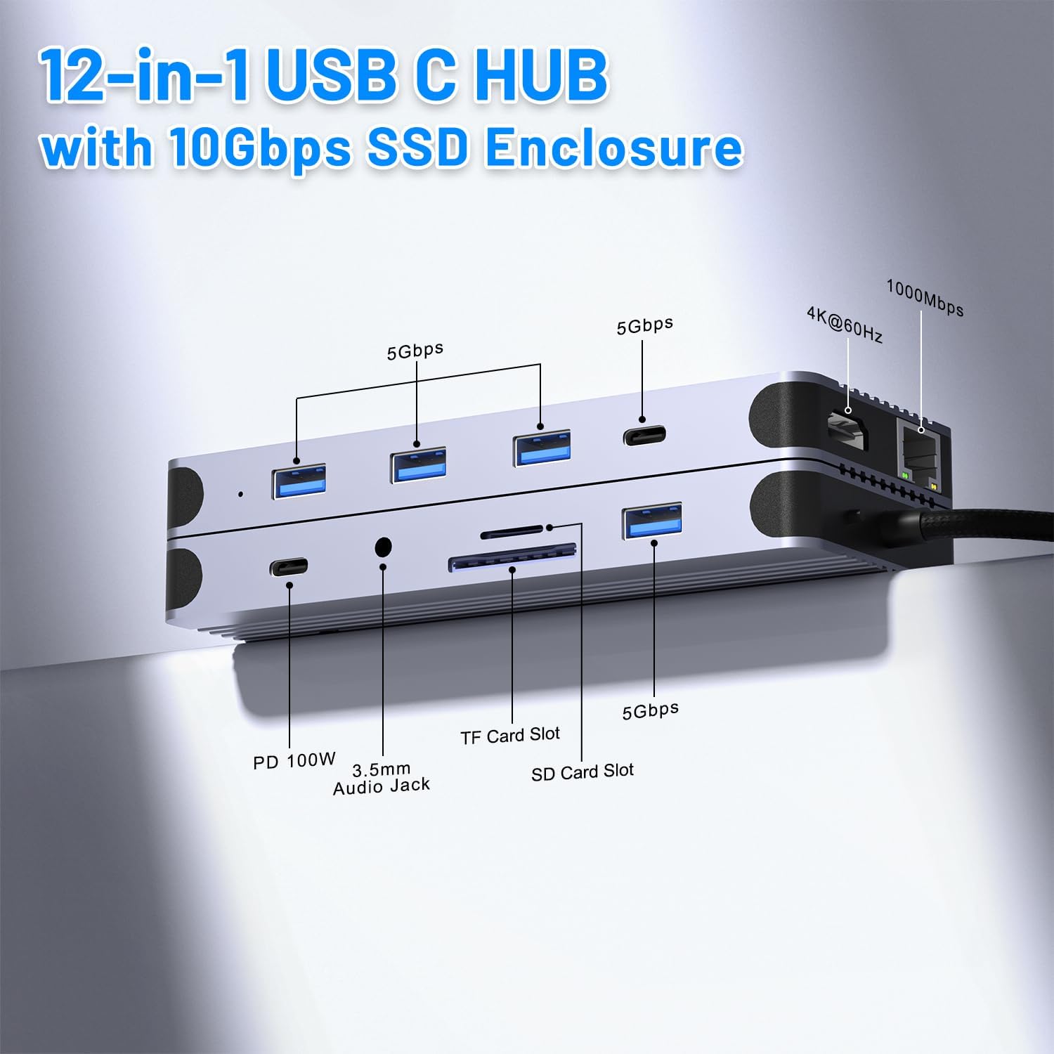 12-in-1 USB C Hub with M.2 SSD Enclosure – Expand Your Laptop with 4K/60Hz HDMI, 1Gbps Ethernet & Dual Storage (NVMe/SATA), USB 3.0/USB-C (5Gbps)–Works with MacBook Pro, Perfect for Multi-Tasking