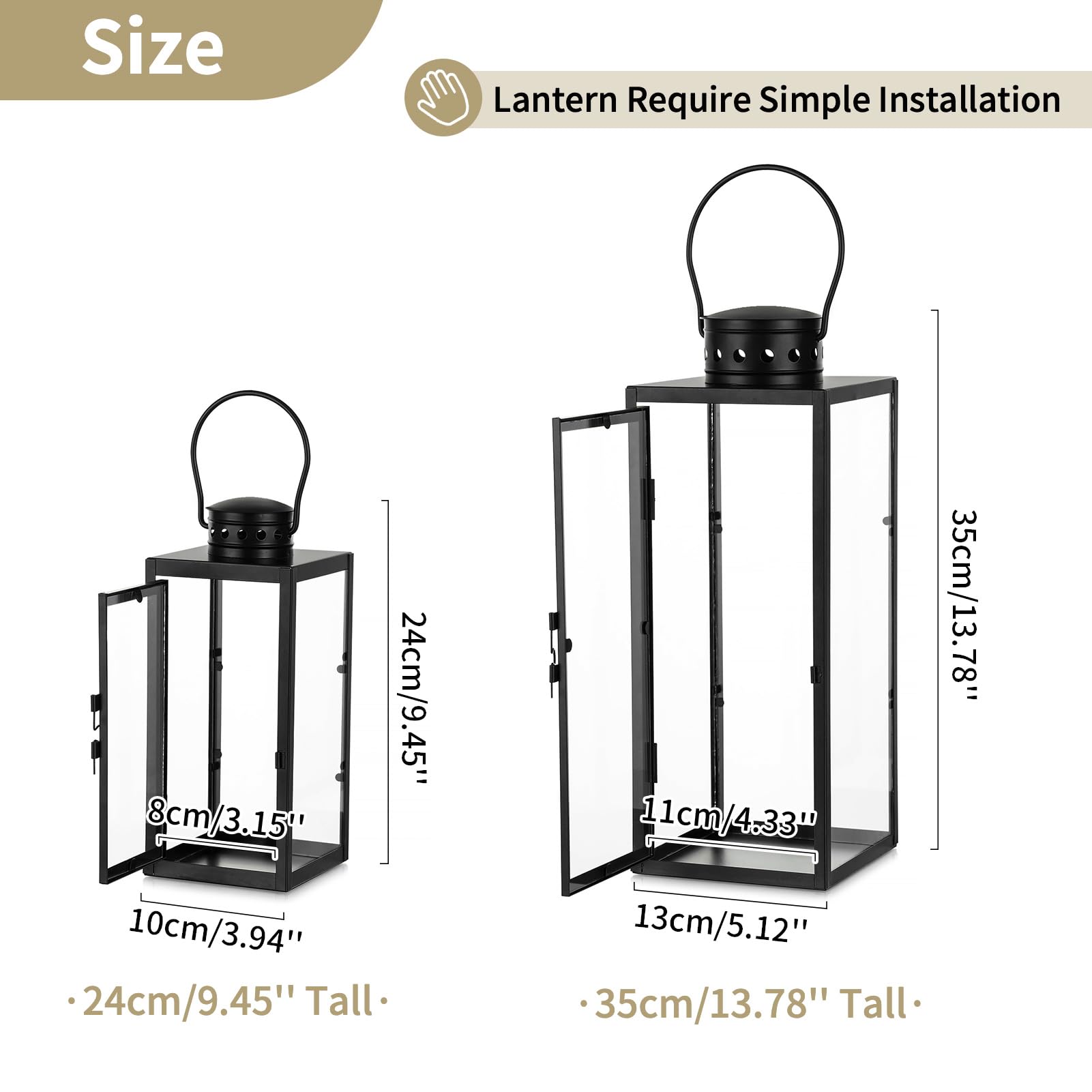NUPTIO Lanterne Bougie Extérieur Noire 24cm 35cm Métal Lanternes Outdoor Funéraire Cimetière Résistant Aux Intempéries Jardin