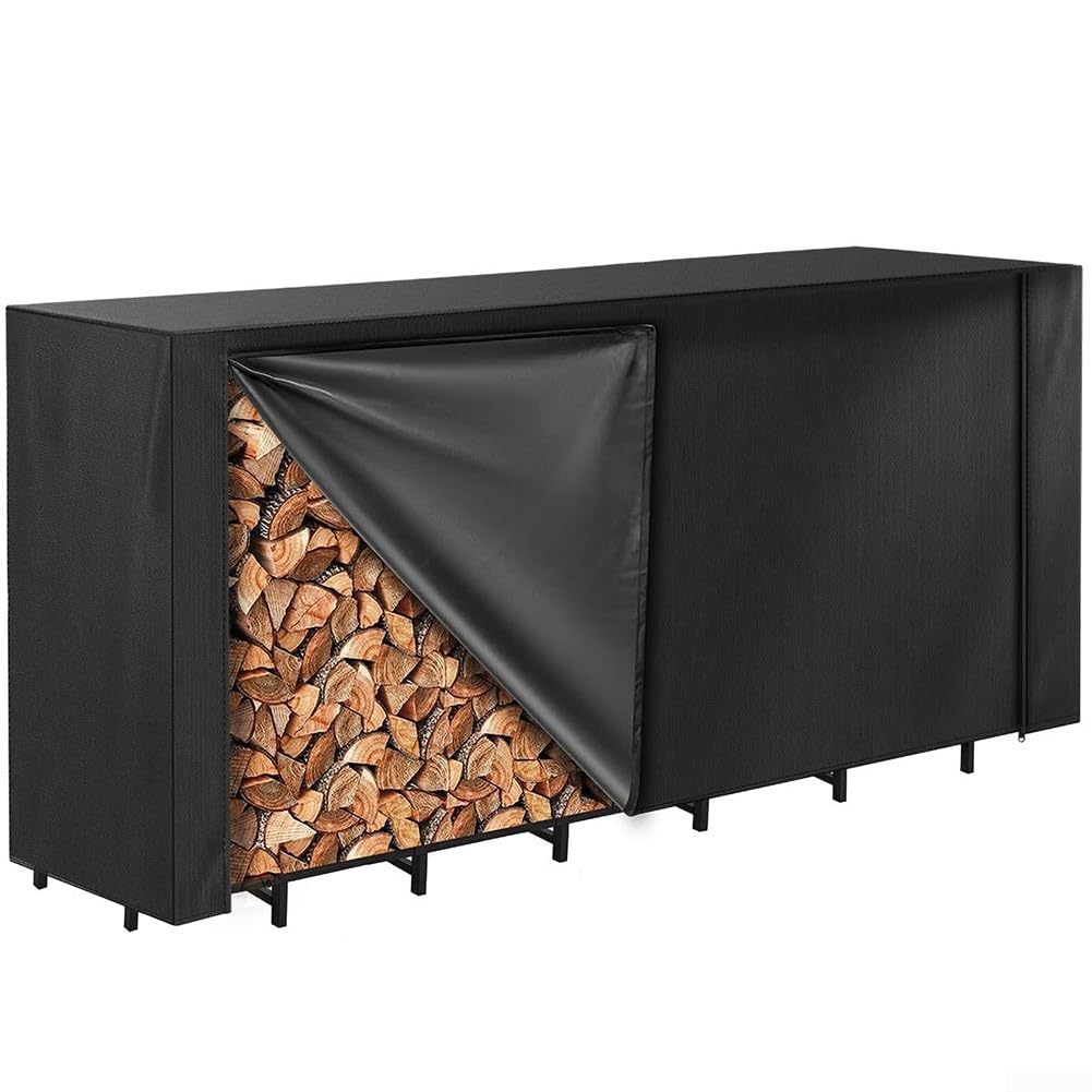 EXTRWORY Firewood Rack Cover 8ft Waterproof Heavy Duty 600D Oxford Log Store Protector with Vents & Straps for Outdoor Garden Patio Yard Storage Black 244x107x61cm