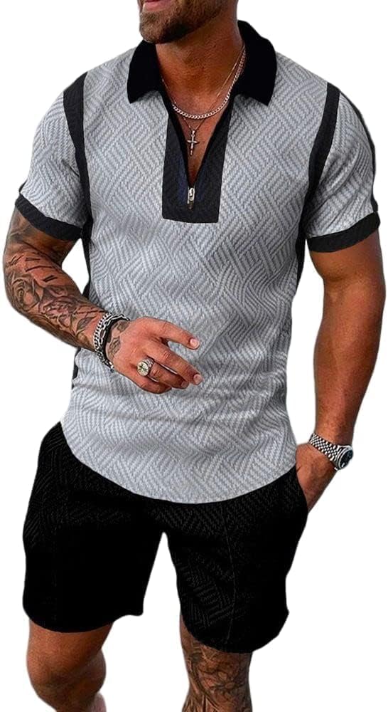 Mens Short Sets 2 Piece Outfits Fashion Summer Tracksuits 1/4 Zip Short Sleeve Polo Shirt and Shorts Set for Men - Image 2