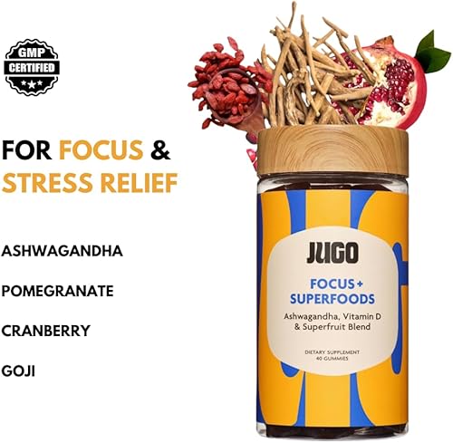 Miniatura 2 de JUGO Focus + SUPERFOODS Gomitas Ashwagandha con vitamina D3 y mezcla de superfrutas 40 unidades de gomitas adaptógenas a base de plantas Sin