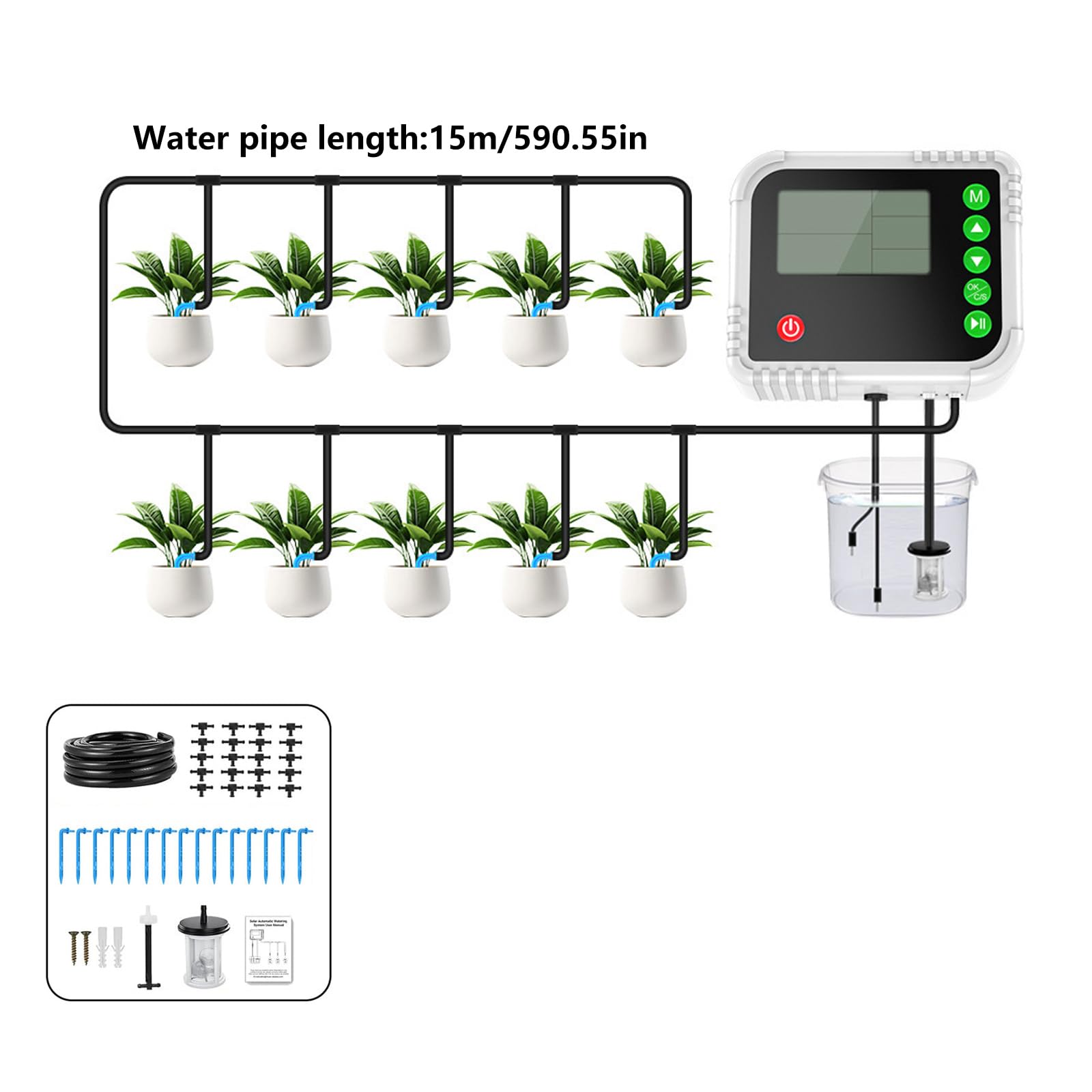 Contrôleur d'arrosage goutte à goutte automatique pour pot avec modes automatique et manuel, tubes et goutteurs pour conteneurs de balcon, zones de jardin, minuterie d'arrosage automatique