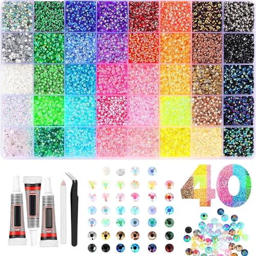 40 Colors 32000 Pcs Resin Jelly Rhinestones Kit Multicolor 3mm Flatback Gems for Bedazzling Diamond Art with 3Pcs 10ml B7000 Jewelry Glue & Tools for DIY Arts Nail Art Crafting Book Makeup