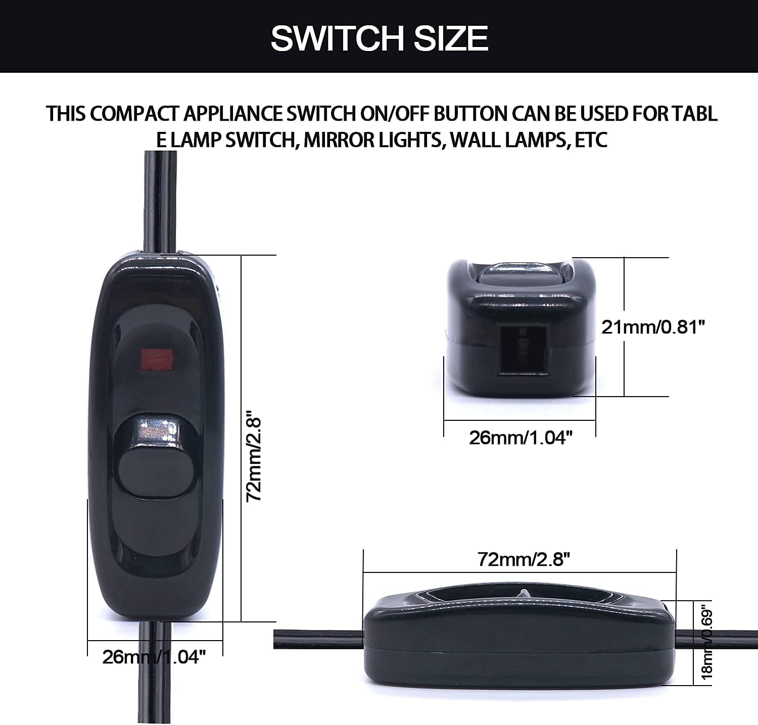 mankk Inline Switch for Lamp Cord 18AWG Black AC 250V 10A On Off Red LED Light Switch With Cable Plug GW320-X-BK - - 