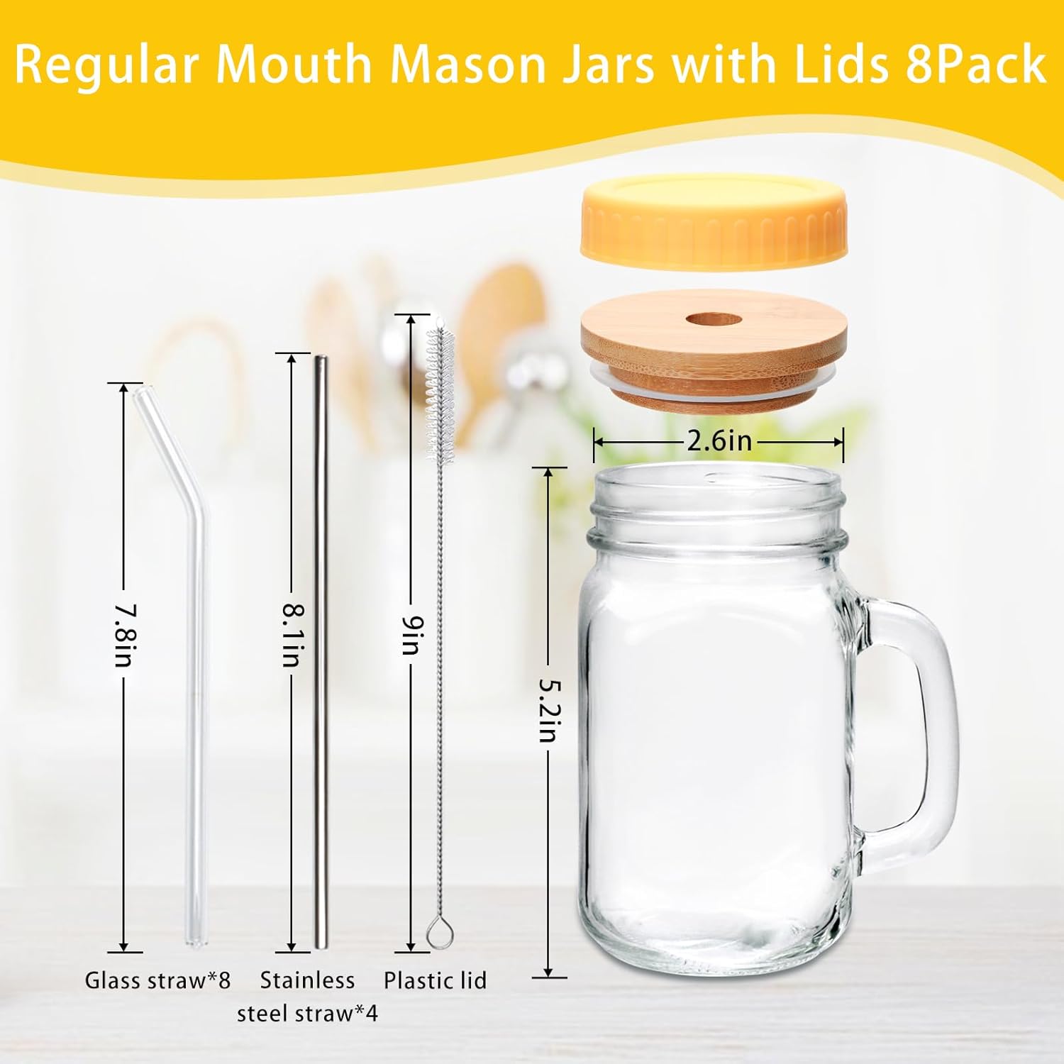 16 oz Mason Jar Cups with Handle,Mason Jar Cups with Lids and Straws,Set include glass straws, stainless steel straws, wooden lids, plastic lids,cup brush, straw brush,Hemp rope, tag 8pack - Image 2