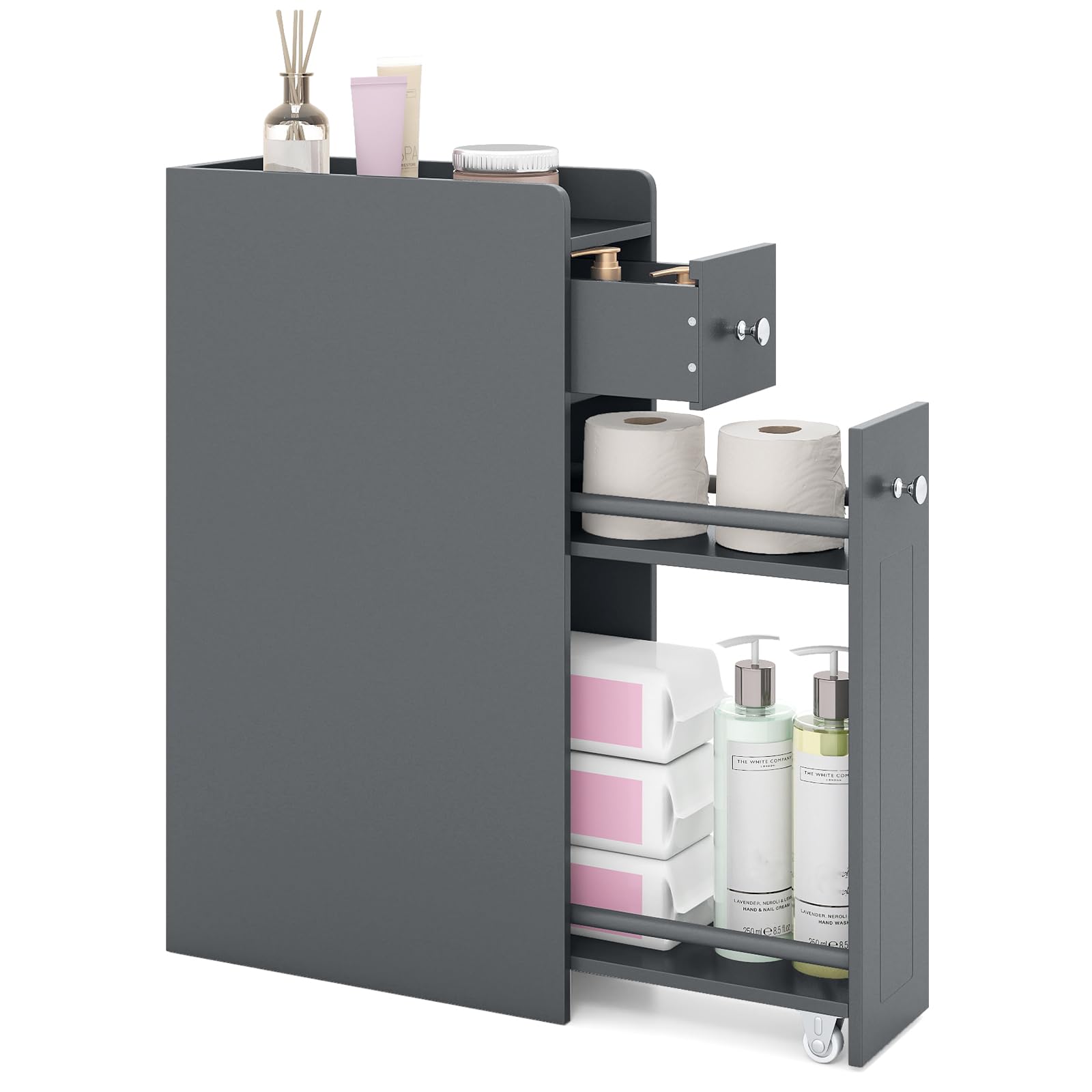 COSTWAY Slim Bathroom Floor Cabinet, Narrow Bathroom Storage Unit with Slide Out Drawers on Wheels, Wooden Freestanding Compact Cupboard Toilet Paper Organiser for Small Spaces (Grey)