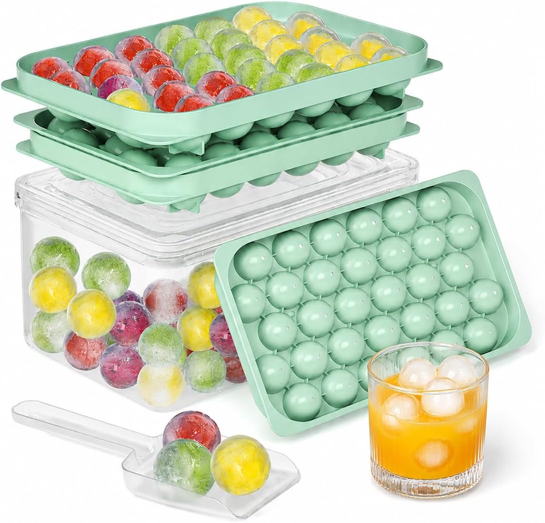 Ice Cube Tray with Lid and Bin, 64 Pcs Mini Round Ice Ball Molds for Freezer with Scoop, 0.8 Inch Sphere Maker, Easy Release Silicone Base, for Coffee, Cocktails (2 Pack, Fresh Green)