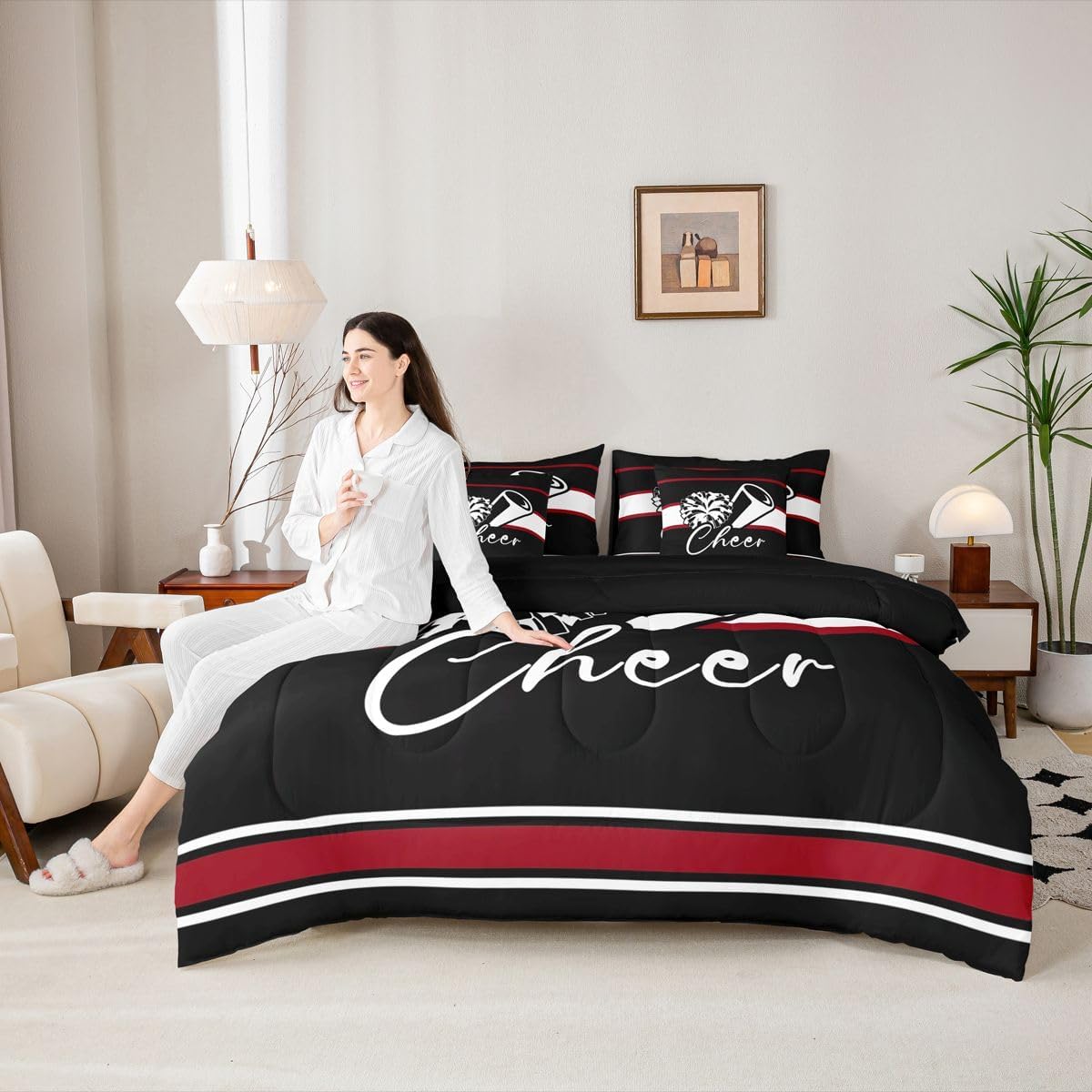 Feelyou Cheer Queen Comforter Set with Sheets for Kids Boys Girls Cheerleader 7 Pieces Bedding Set Sport Cheerleading Team Bed in a Bag Black Red Room Decor Soft Lightweight Microfiber