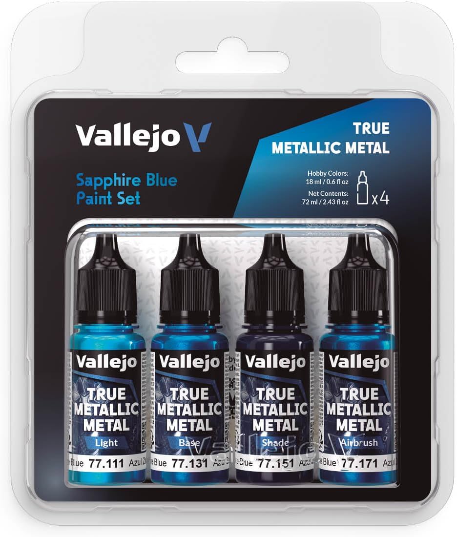 Vallejo - Sapphire Blue Paint Set | True Metallic Metal | Acrylic Colors for Painting Metal Effects on Fantasy, Historical, and Wargaming Miniatures | BSL System | 4 Bottles x 18 ml (0.6 fl.oz.)