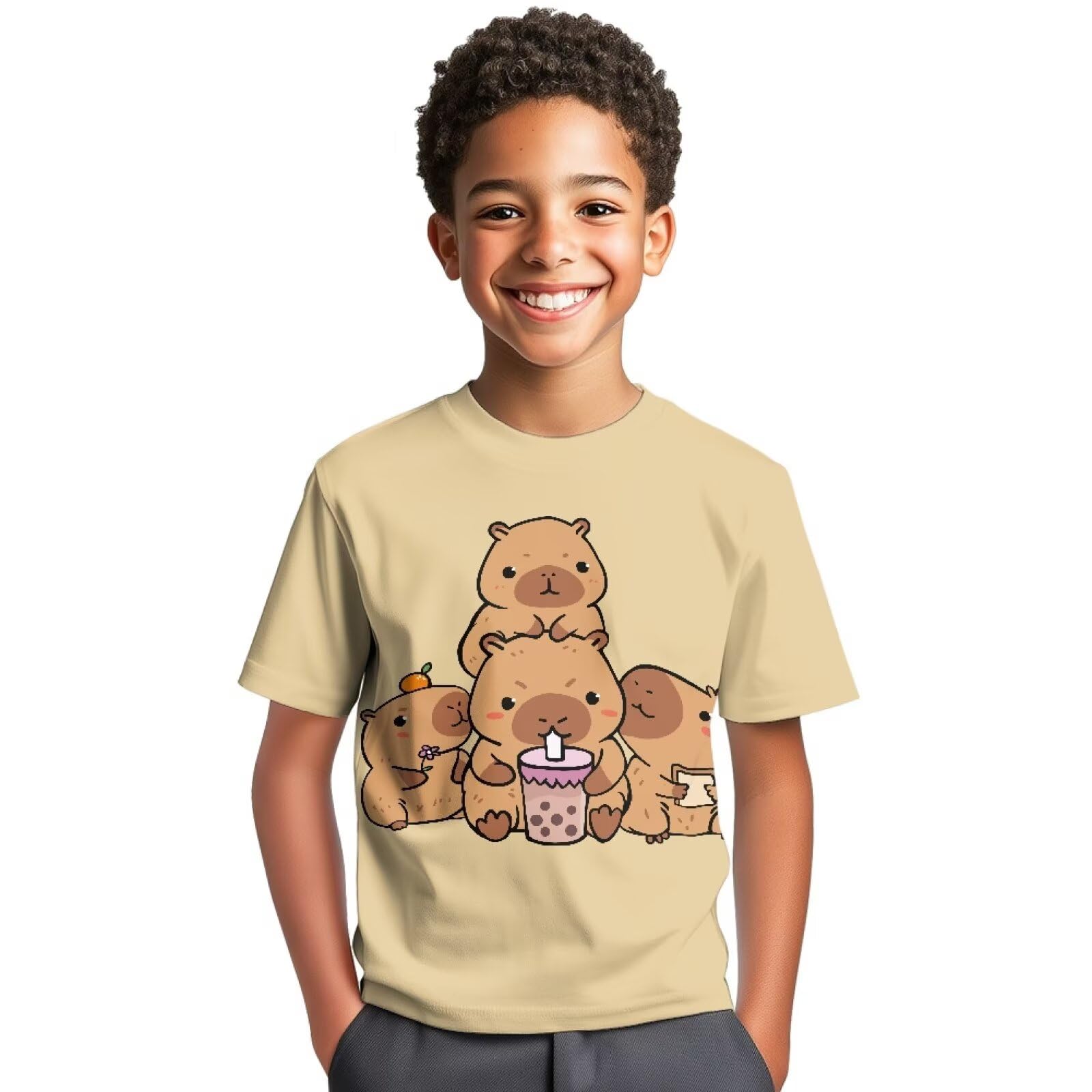 Biyejit Cute Capybaras Unisex 3D Graphic Printed T-Shirts, Boys Girls Kids Crewneck Short Sleeve T Shirts, Cool Tees for 3-16 Years Teens
