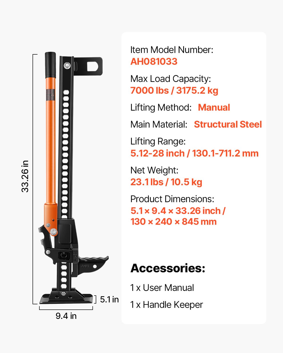 VEVOR Gato Agrícola 845 mm con Elevación Alta y Trinquete Carga Máxima de 3,18 T para Uso Todoterreno de Alta Resistencia con Rango de Elevación de 130,1 a 711,2 mm para Tractor, Camión, SUV