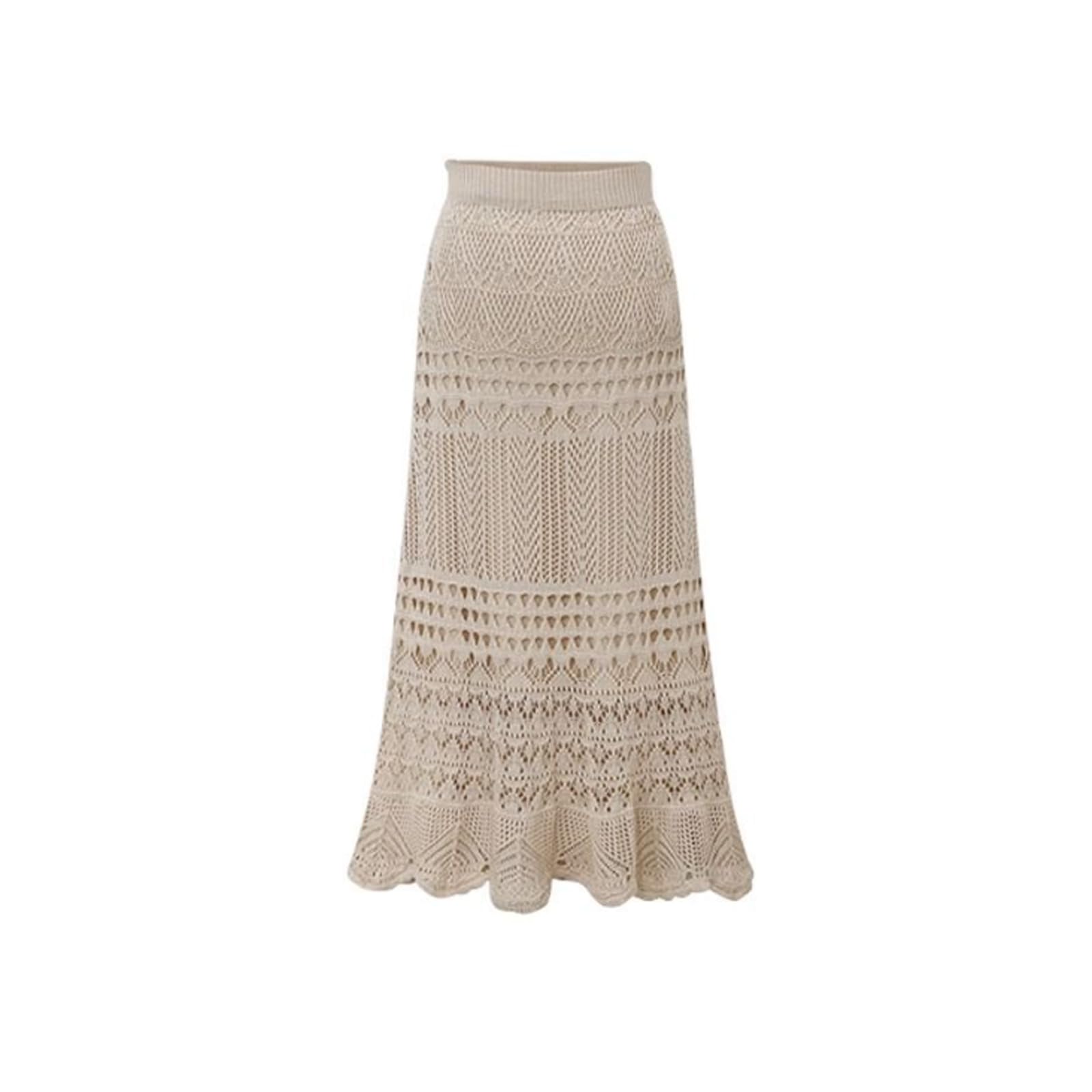 JITEM Women's Stretched Crochet Lace Knitted Hollow Out Long Skirt High Waist Knit Bodycon Long Fishtail Mermaid Skirt Khaki
