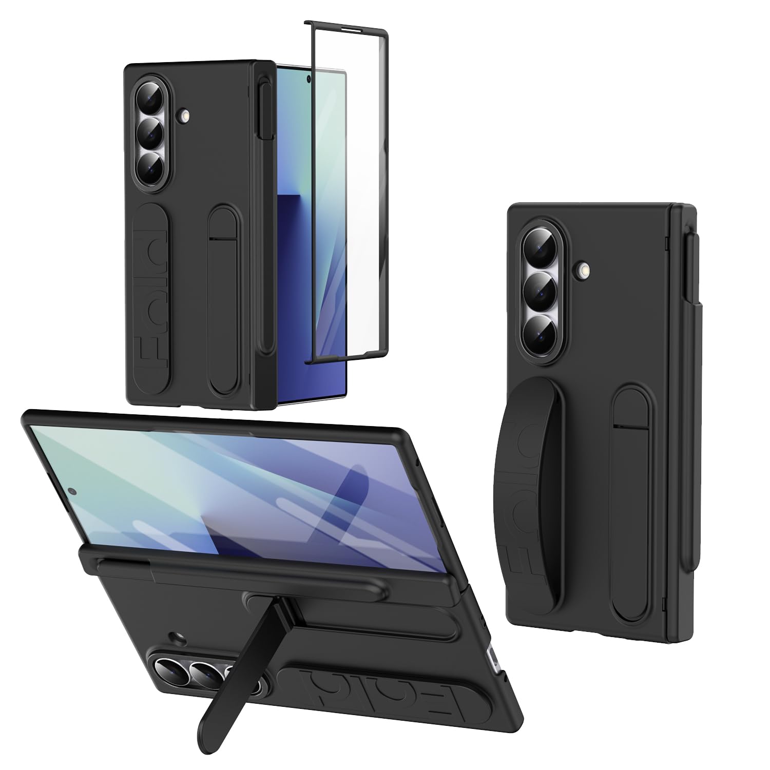 BRAND SET Etui do Galaxy Z Fold7, podpórka i pasek na rękę, odporne na wstrząsy, przyjazne dla skóry etui z wbudowanym rysikiem i uchwytem na rysik, ekran HD i ochrona obiektywu, do Samsung Galaxy Z