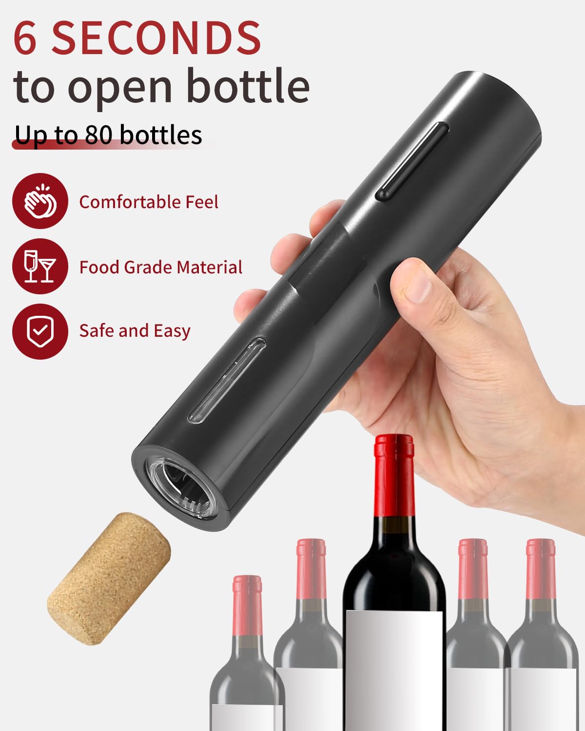 Sacacorchos eléctrico, abridor de vino electrico, set abrebotellas de vino que contiene cortador de papel de aluminio, vertedor de vino y tapón de vino al vacío, funciona con pilas