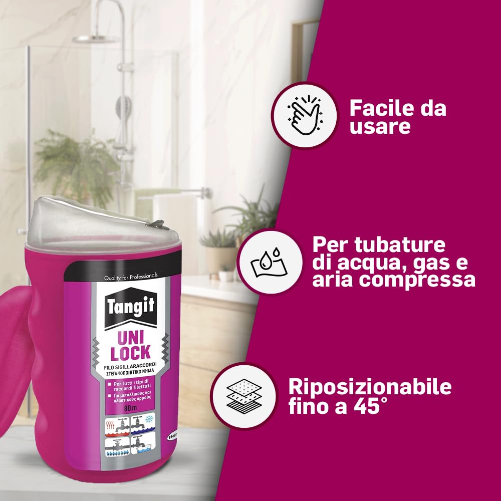 Tangit Uni-Lock, Filo sigillante per tubature in metallo e plastica, Sigillaraccordi riposizionabile per tubi fino a 4’’, Tangit filo per tubi flessibili e rigidi, 1x80m