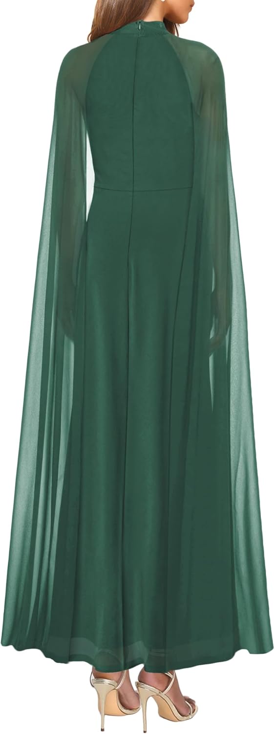 MAYFASEY Women's Elegant Long Sleeve Halter Neck Sexy Split Cocktail Evening Party A Line Maxi Long Formal Dress with Cape - Image 3