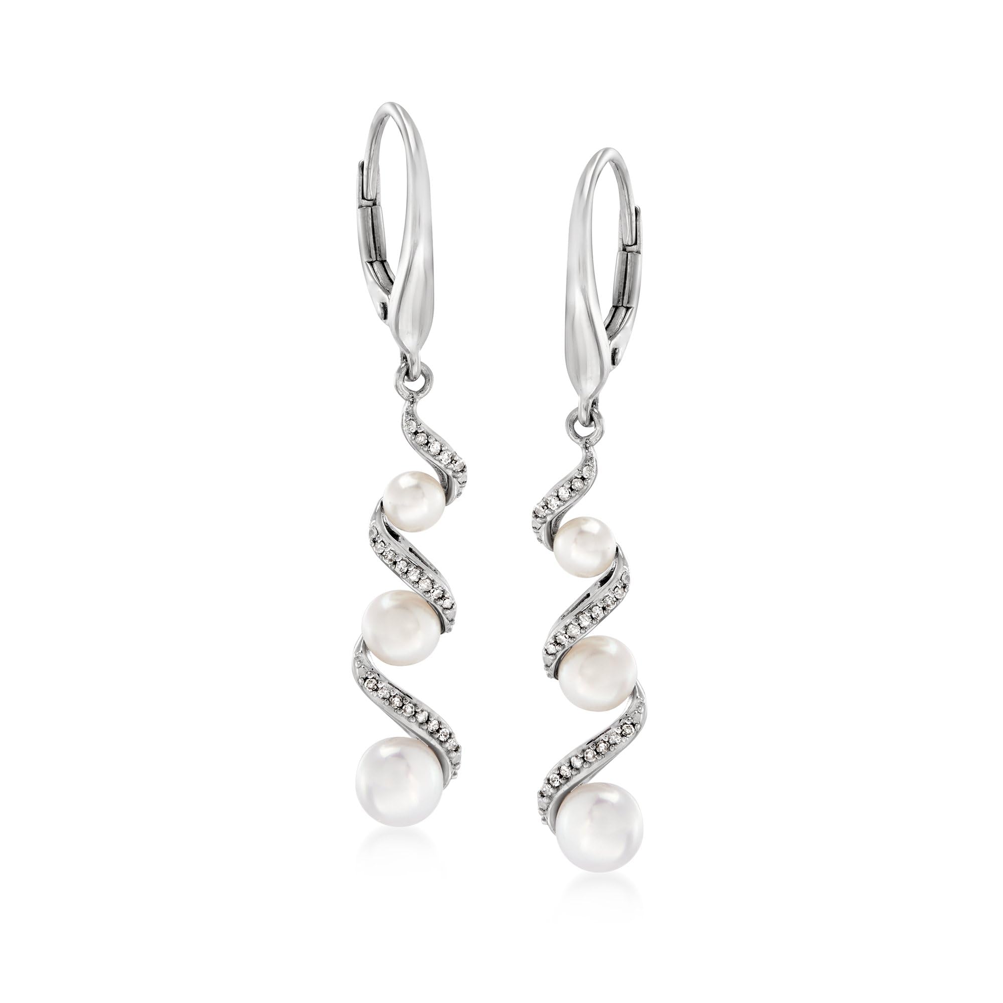 Ross-Simons 3 5-5mm Cultured Pearl and 10 ct t w Diamond Drop Earrings in Sterling Silver
