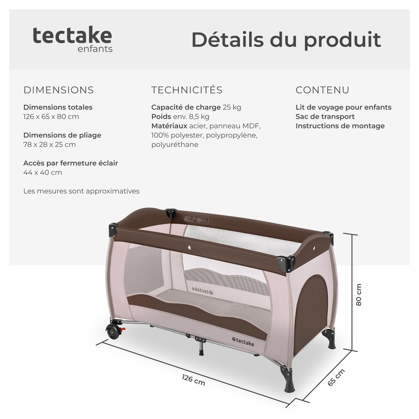 tectake® Lit Parapluie Pliable Lit Bébé Voyage léger sur roulettes avec Sac de Transport, Mobilier Enfant idéal pour Maison ou Voyage Equipement Bebe Parc Bebe