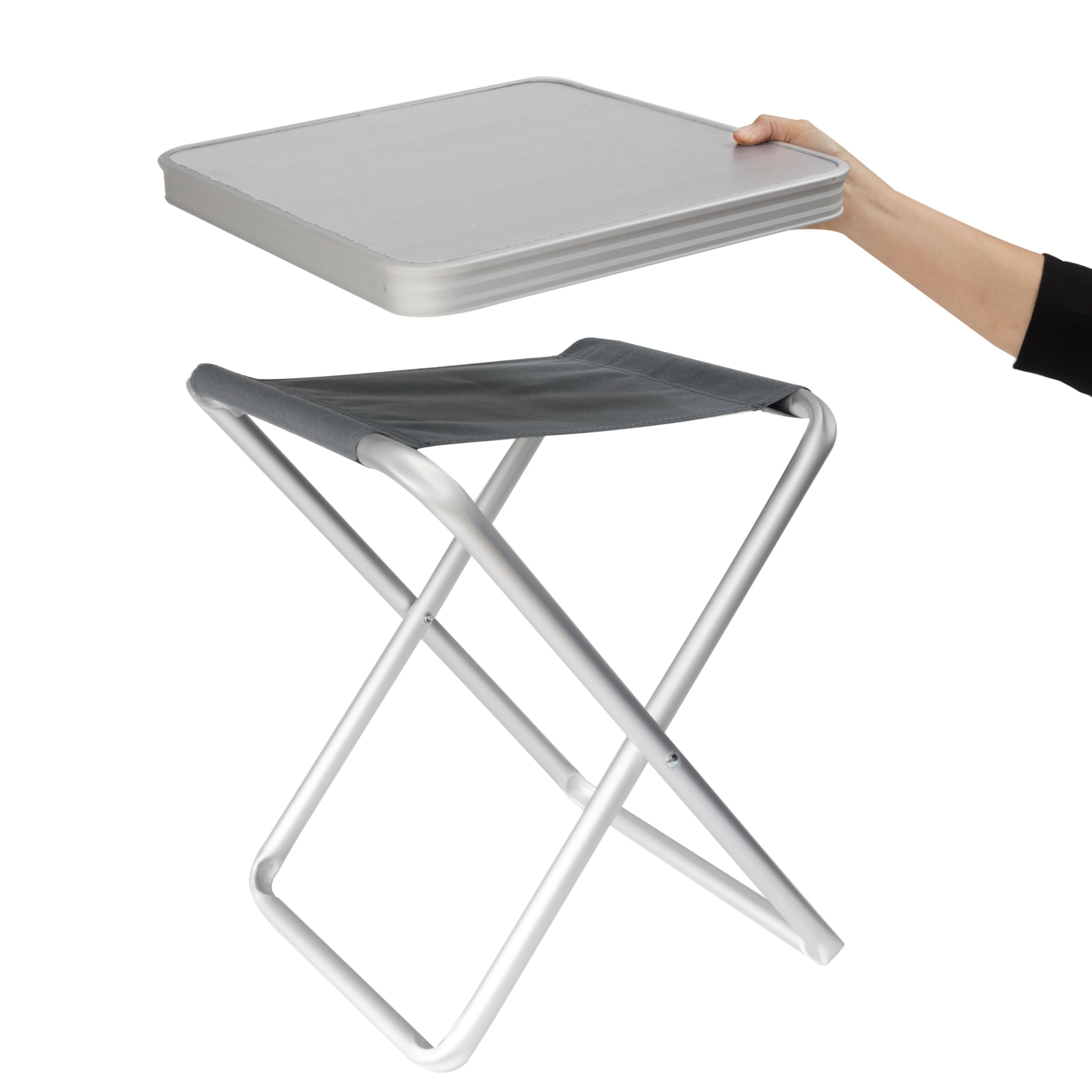 Alu Hocker mit MDF Tischplatte Tablett 40x40x47cm Aluminium Klapphocker Campinghocker Falthocker Angelhocker Campingtisch Wohnmobiltisch Wohnwagentisch klappbar handlicher Beistelltisch