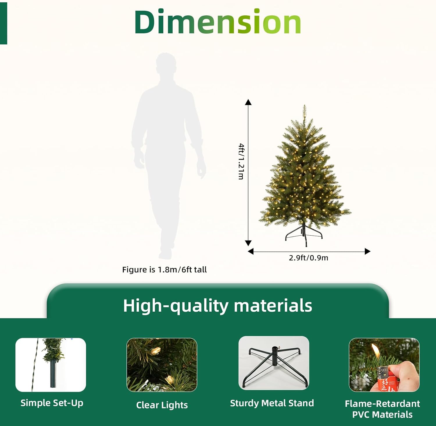 4FT Pre-Lit Artificial Christmas Tree,Small Artificial Holiday Dunhill Fir Xmas Tree with 200 White Lights, 559 PVC Branch Tips & Foldable Metal Stand for School,Home and Party Décor