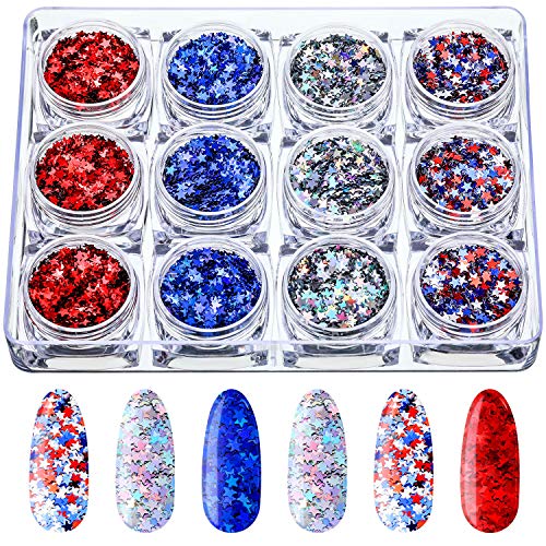 12 Boxes 4th of July Nail Art Star Glitter Nail Decals Labor Day Patriotic Red Blue White Sequins Art Confetti Star Shaped Manicure Decorations for Eye Face Body Decorations DIY Crafts