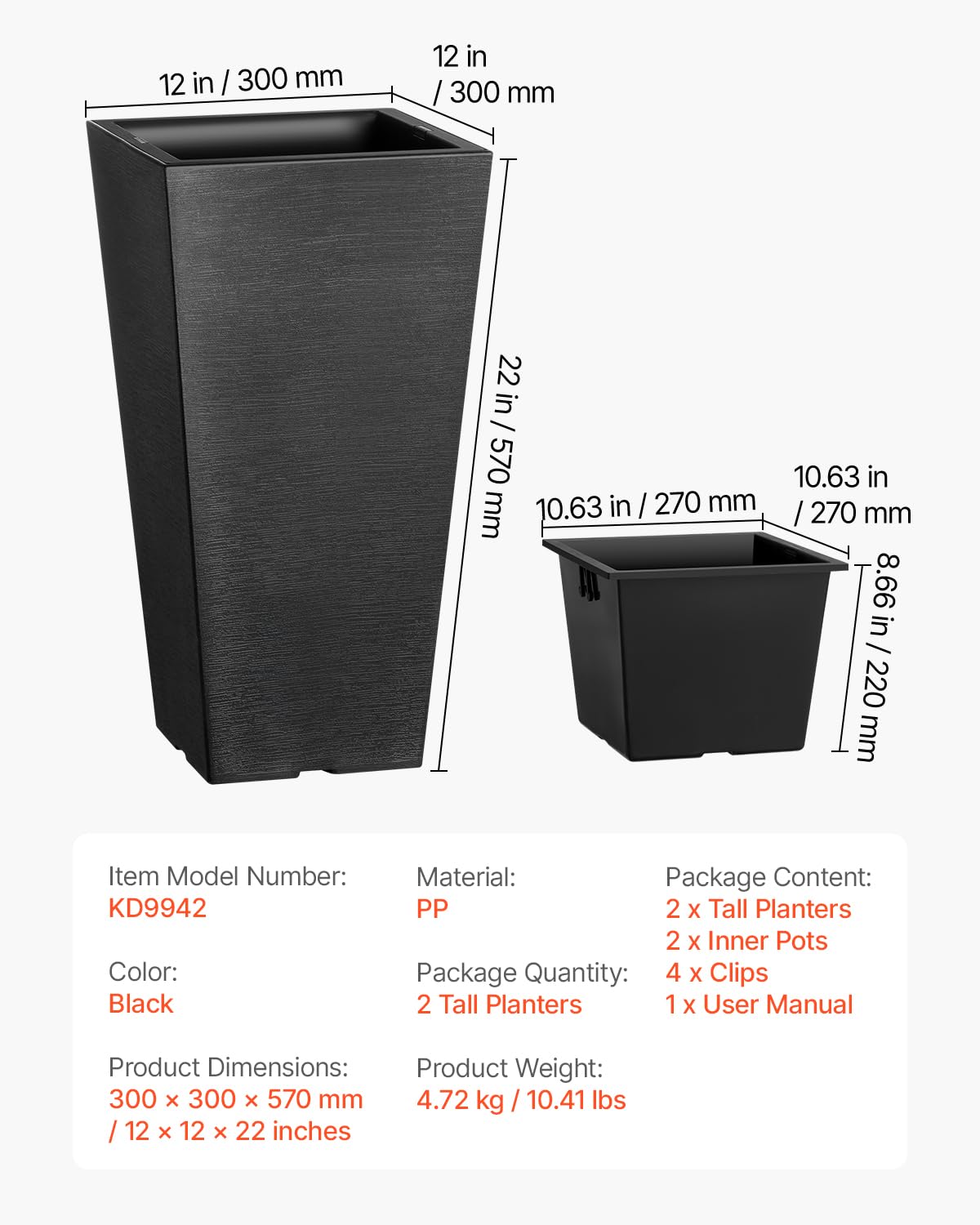 VEVOR Blumentopf, 2er Set, Großer Pflanzentopf 570 mm, Modernes Design, Integriertes effizientes Drainagesystem, Pflanzenkübel, Blumenkübel, Topf für Veranda, Patio, Außen, Innen, Schwarz