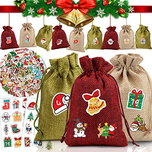 Lubibi Calendrier de l'Avent,Magnifique calendrier de l'Avent à faire soi-même avec 24 sacs en jute et autocollants,pour Le Remplissage Calendrier de noël DIY,Cadeau Sac pour Calendrier Aventde Noël Cover