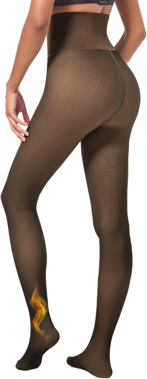 Soxbang High Waisted One Seam Fleece Lined Tights,Seamless Control Compression Fake Translucent Dark Skin Insulated Tights