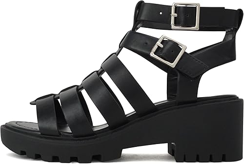 Soda "Rebirth" Sandalias de tacón bajo con puntera abierta para mujer, con hebilla y hebilla