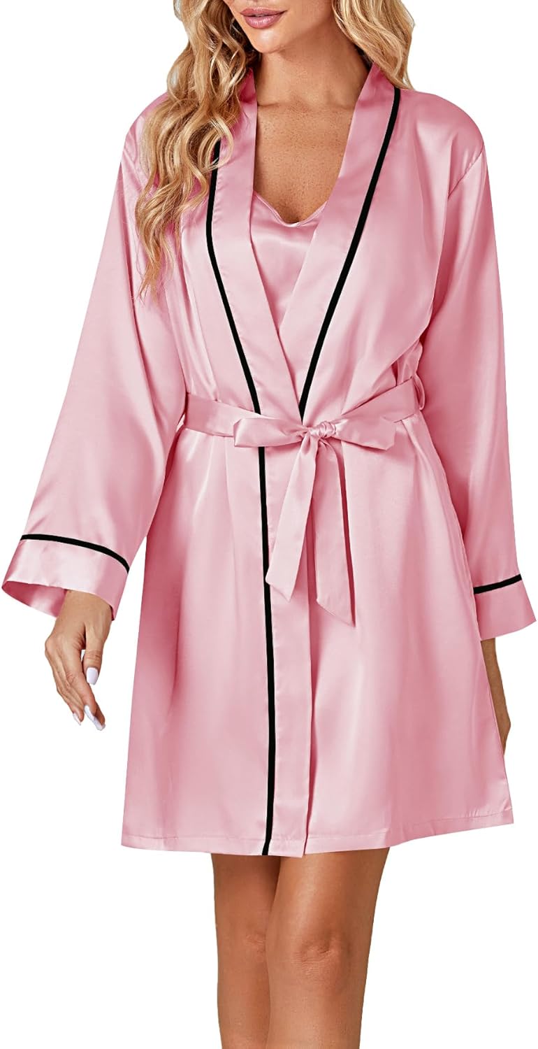Vrtige Women's 3pcs Satin Pajamas Set Cami Top and Shorts Sleepwear PJs Set with Robe - Image 5