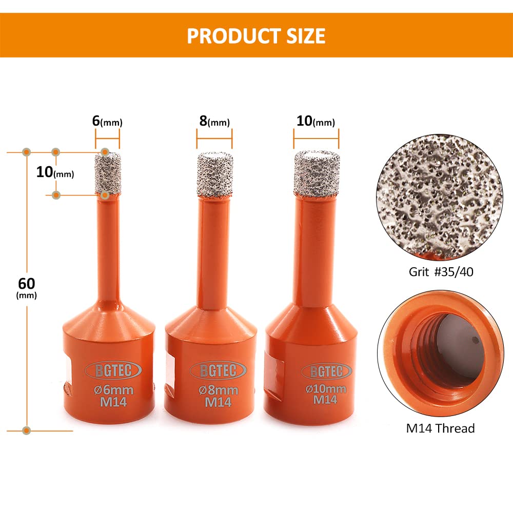 BGTEC Punta Diamantata Sega a tazza Diamantata 3 pezzi 6/8/10mm M14 per trapano piastrelle porcellana gres porcellanato ceramica granito foratura smerigliatrici angolari