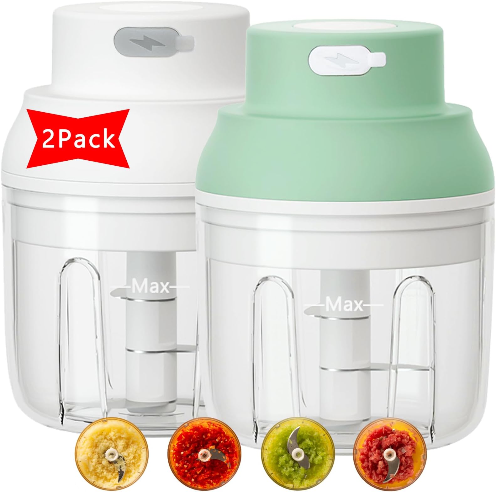 Electric Mini Garlic Chopper 2Pack - USB Rechargeable 250ML Food Chopper, Garlic Mincer, Portable Cordless Mini Food Processor for Onion, Ginger, Chili, Vegetables, Meat, Baby Food (Green+White)