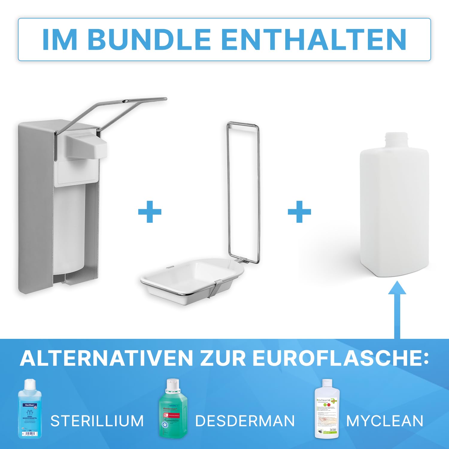 2X ARNOMED® Desinfektionsspender Alu mit Tropfschale, Seifenspender 500ml | Seifenspender zur Wandbefestigung mit kurzem Armhebel, Eurospender für Desinfektionsmittel, Soap Dispenser, Spender