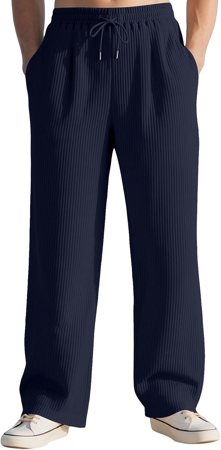 Sweatpants for Men Textured Straight Leg Loose Pants Casual Relaxed Fit Workout Stretch Trousers Pajama Bottoms