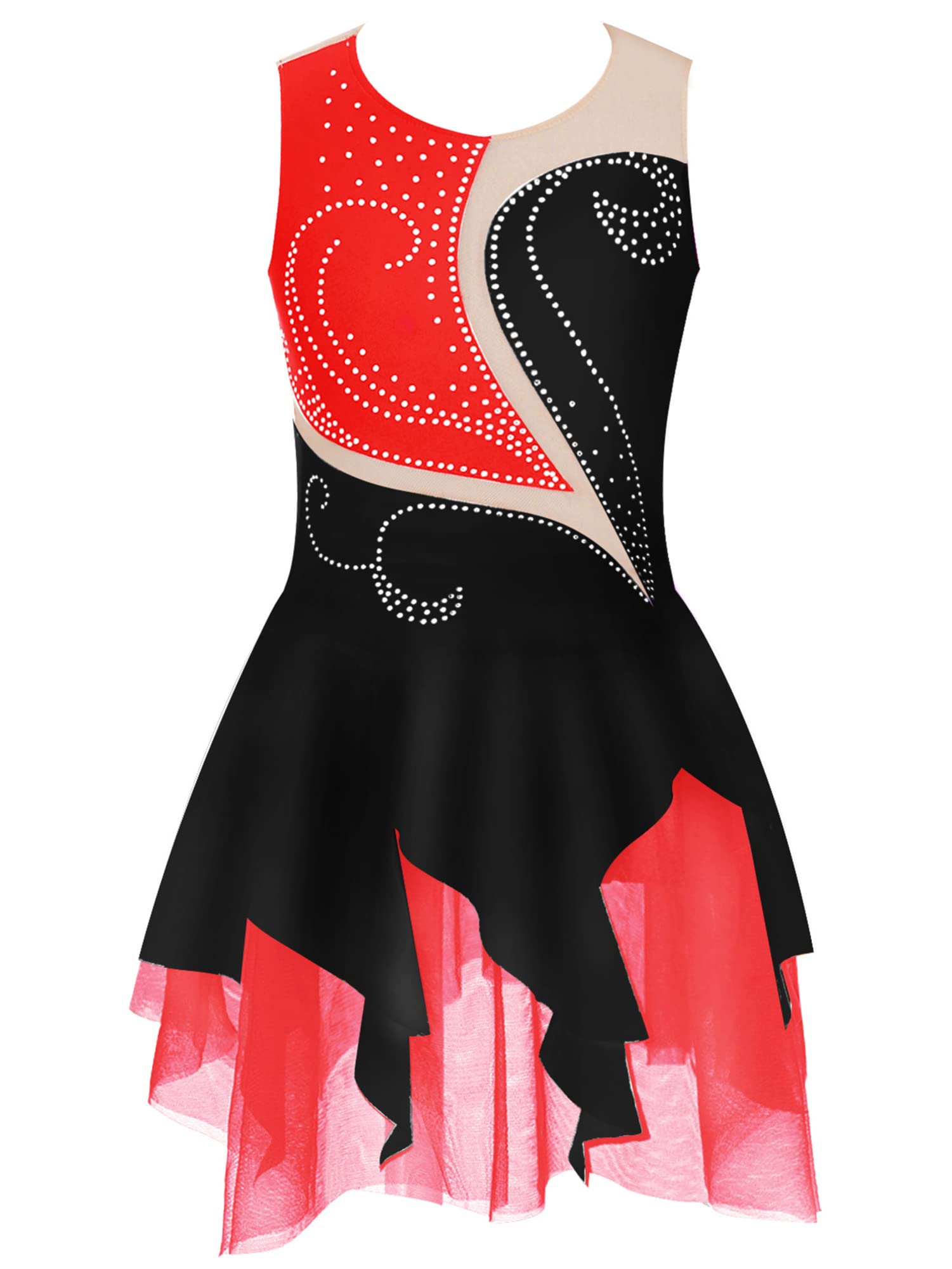 IEFIEL Vestido de Patinaje Artístico para Niña Maillot Ballet con Falda Malla de Gimnasia Rítmica sin Mangas con Lentejuelas Brillantes Vestido de Danza Lírica — view 21