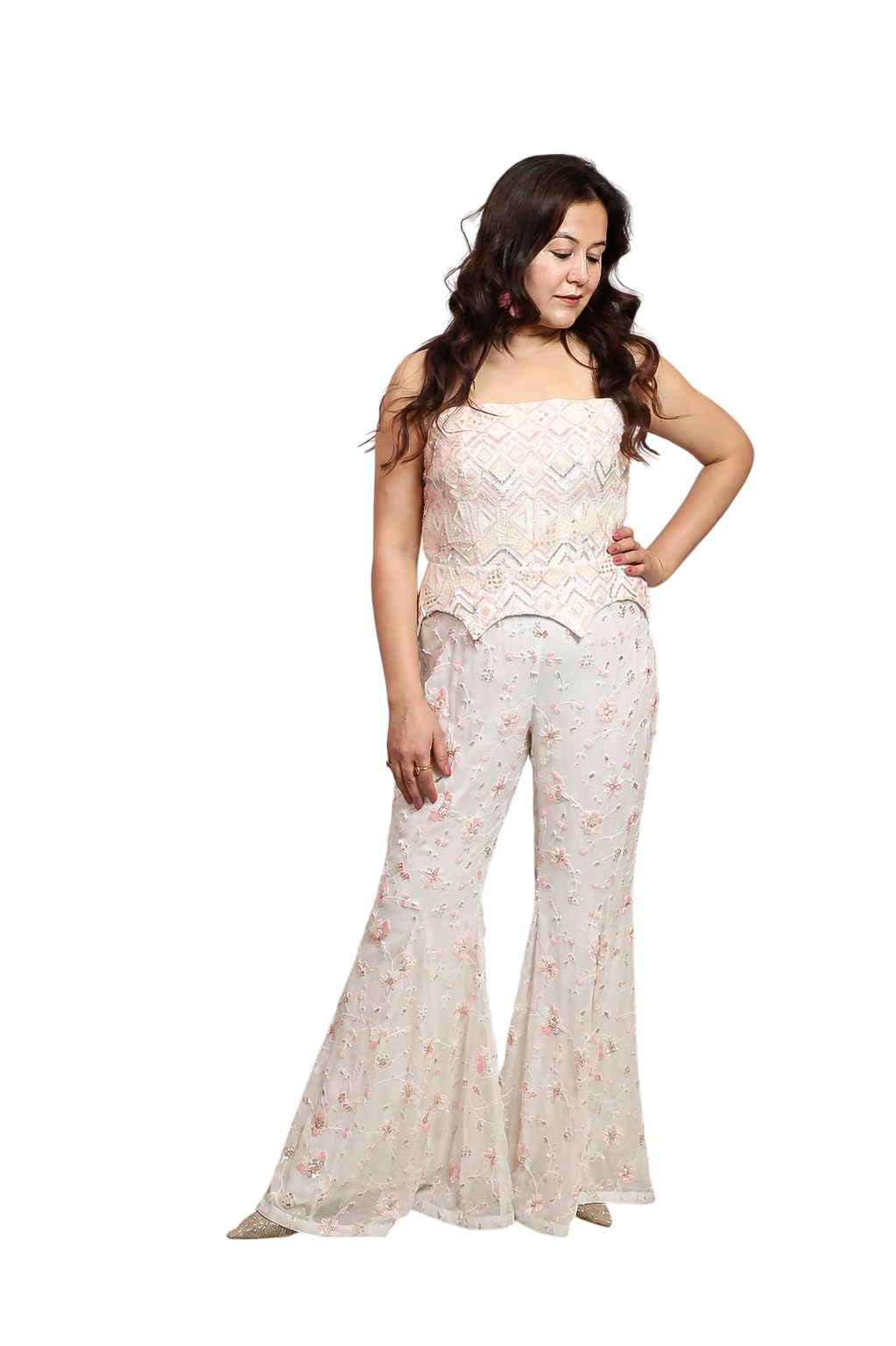 Khushi Chauhan Blush Petal Embroidered Co-Ord Set for Women | White with Blush Pink Beadwork | Indo Elegant Outfit-image-32