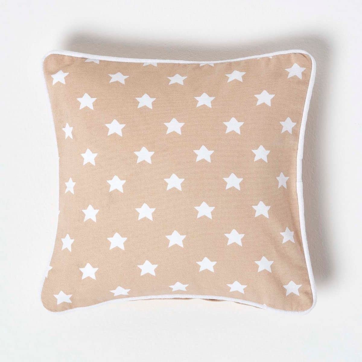 HOMESCAPES - 100% Cotton - Star - Cushion Cover - 30 x 30 cm Square - 12 x 12 Inches - Beige White - 100% Cotton Sofa Pillow Cushion Cover - Washable