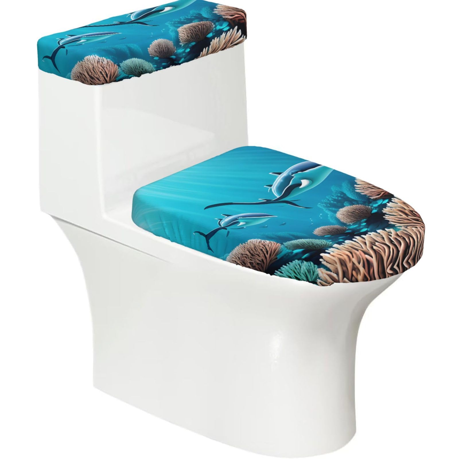Deep Sea Whales Elastic Toilet Cover Set of 2-Stretchy Lid and Tank Covers for Bathroom, Soft Washable U Shape Toilet Decor