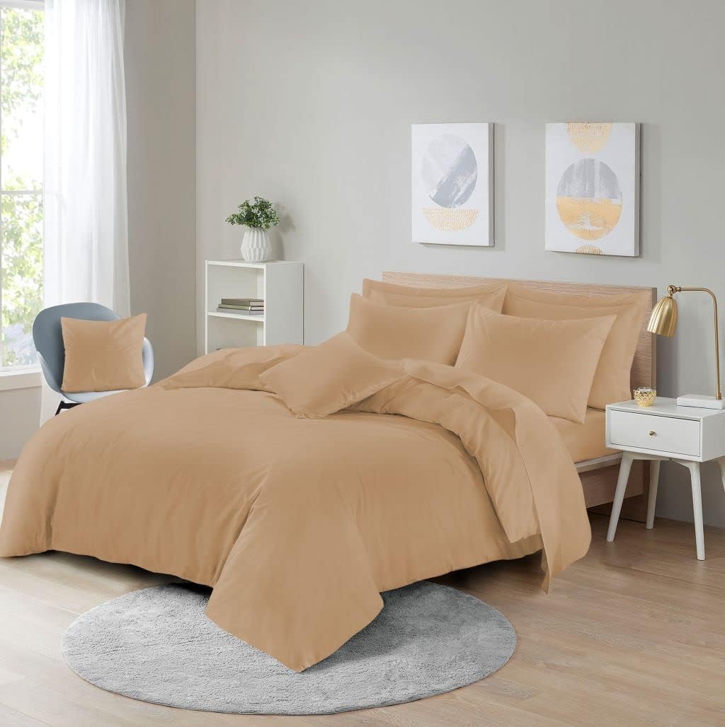 KARKARM 3 Piece Plain Dye Latte Single Duvet Cover & Fitted Sheet 25cm with Pillowcase, 180 Thread Count Single Latte Bedding Set 3pcs Bed Linen Sets