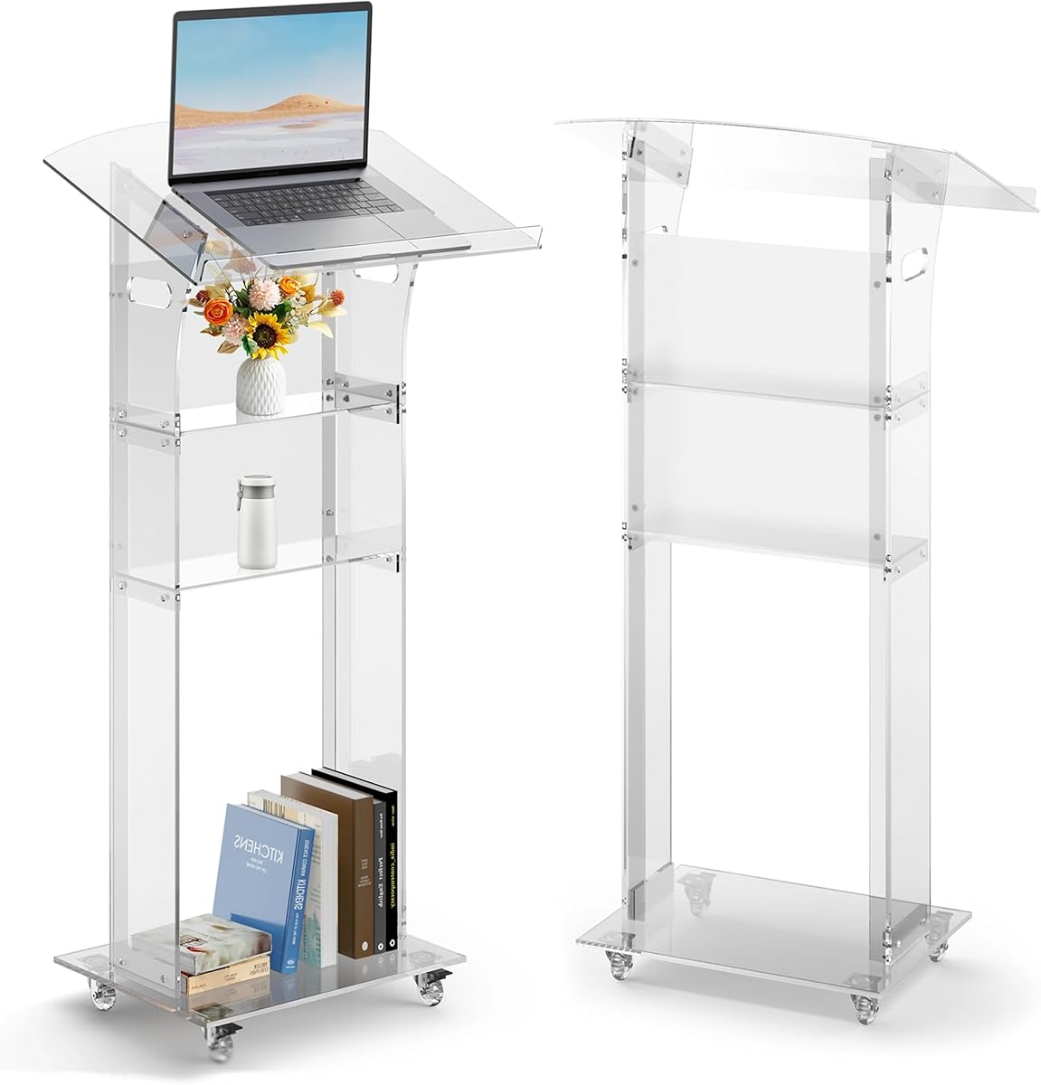 Acrylic Podium Stand Portable, Rolling Podium with Wheels, Clear Podium with Storage Shelf, Lockable Wheels for Churches, Classroom, Weddings, Speech (Fixed Large Size, 47.8 inches Tall) | 37.8–47.2 in height range, tilting top, storage shelf and lockable casters for classrooms, churches, weddings and speeches